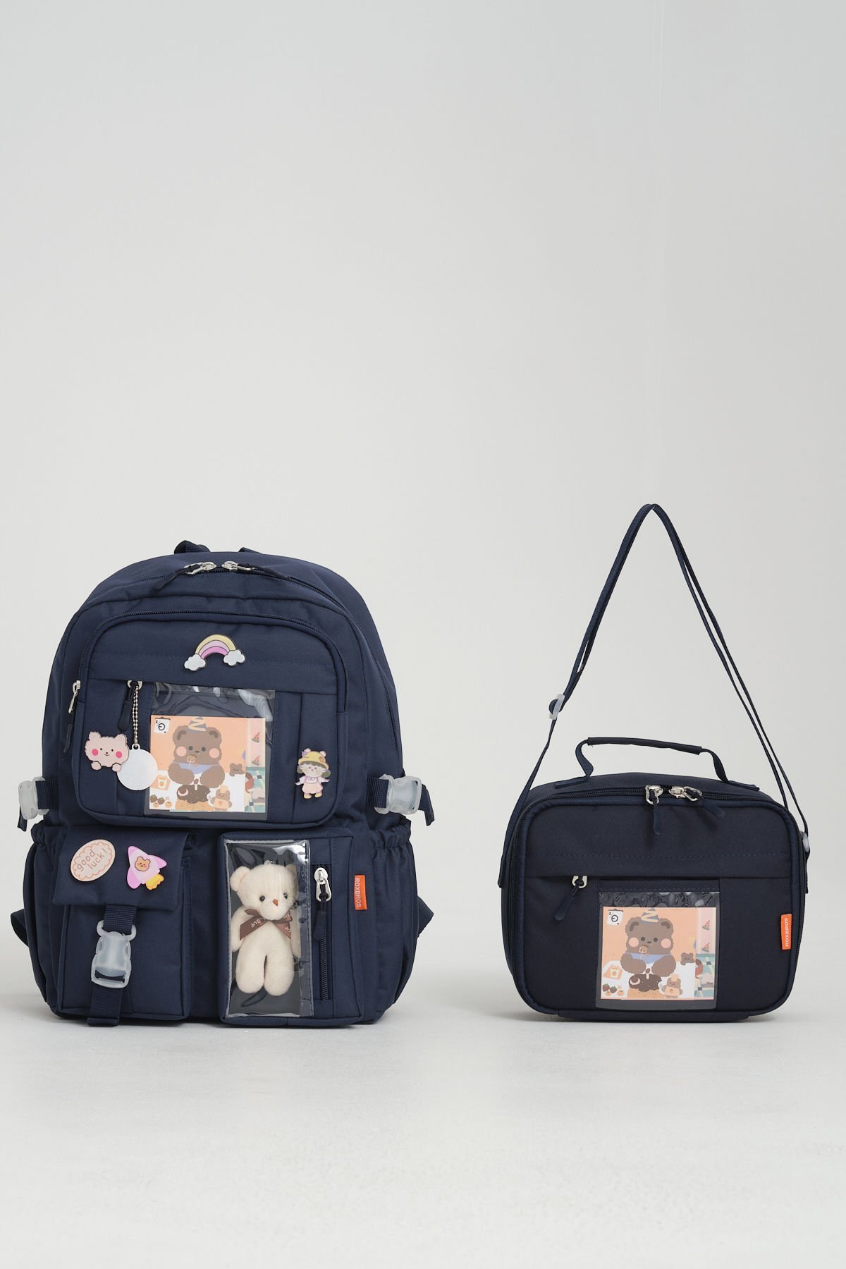 Roxbros Kawaii Kore Tarzı Aksesuarlı Ilkokul Sırt Çantası Kız Ve Isı Yalıtımlı Termoslu Beslenme Çantası Set LACIVERT