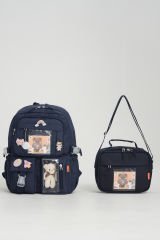 Roxbros Kawaii Kore Tarzı Aksesuarlı Ilkokul Sırt Çantası Kız Ve Isı Yalıtımlı Termoslu Beslenme Çantası Set LACIVERT