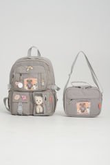 Roxbros Kawaii Kore Tarzı Aksesuarlı Ilkokul Sırt Çantası Kız Ve Isı Yalıtımlı Termoslu Beslenme Çantası Set GRI