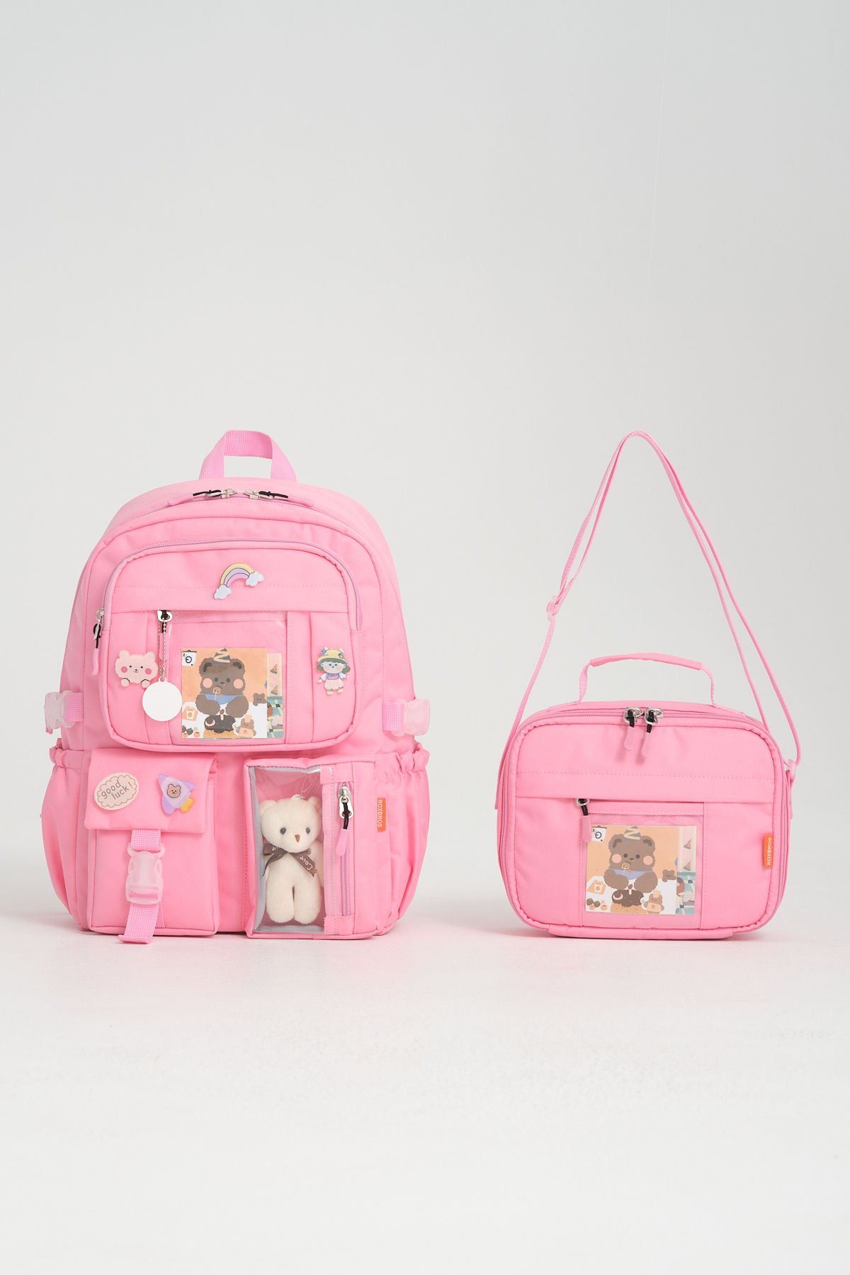 Roxbros Kawaii Kore Tarzı Aksesuarlı Ilkokul Sırt Çantası Kız Ve Isı Yalıtımlı Termoslu Beslenme Çantası Set PEMBE