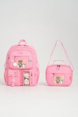 Roxbros Kawaii Kore Tarzı Aksesuarlı Ilkokul Sırt Çantası Kız Ve Isı Yalıtımlı Termoslu Beslenme Çantası Set PEMBE