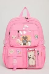 Roxbros Kawaii Kore Tarzı Aksesuarlı Ilkokul Sırt Çantası Kız Ve Isı Yalıtımlı Termoslu Beslenme Çantası Set PEMBE