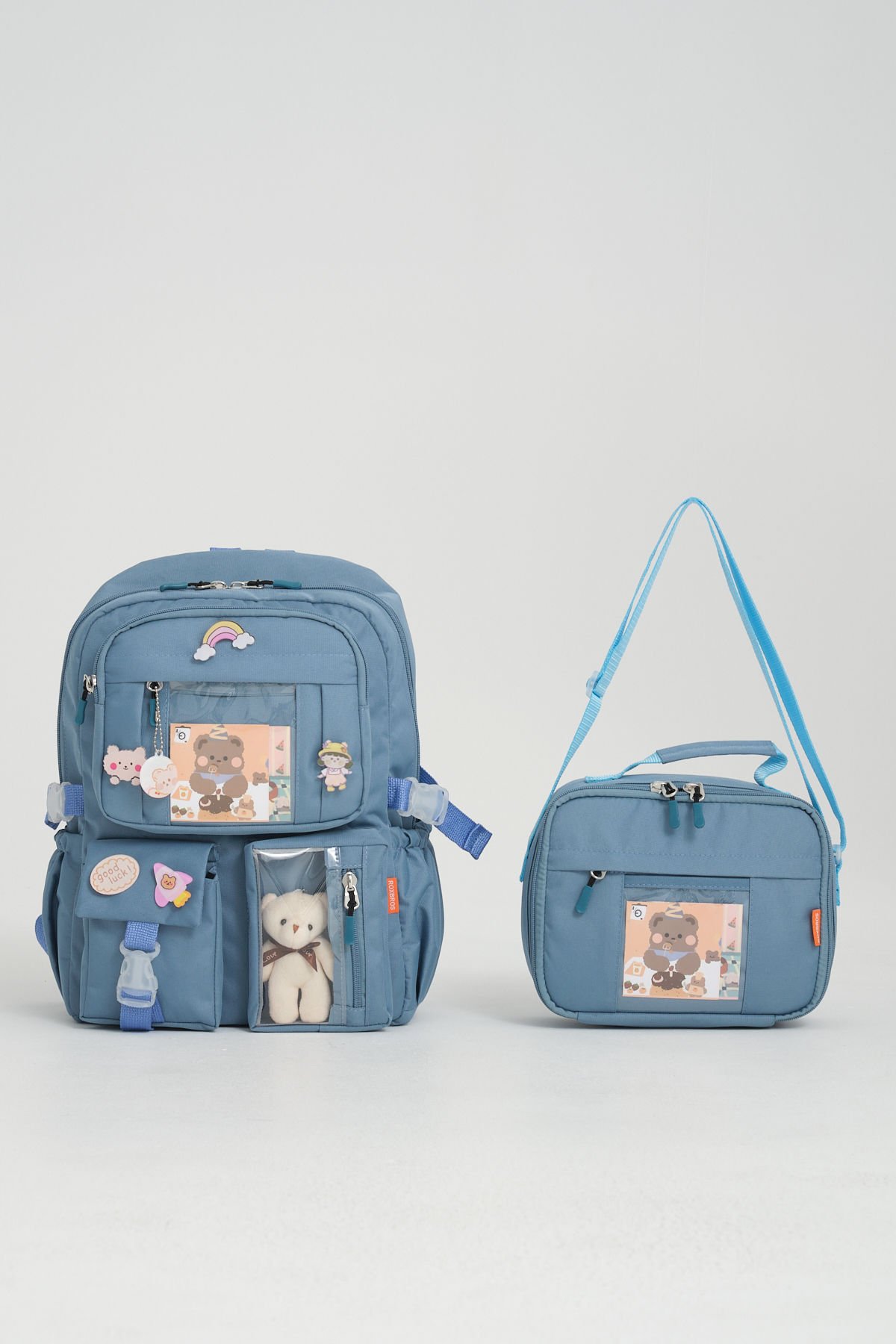 Roxbros Kawaii Kore Tarzı Aksesuarlı Ilkokul Sırt Çantası Kız Ve Isı Yalıtımlı Termoslu Beslenme Çantası Set INDIGO