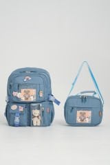 Roxbros Kawaii Kore Tarzı Aksesuarlı Ilkokul Sırt Çantası Kız Ve Isı Yalıtımlı Termoslu Beslenme Çantası Set INDIGO