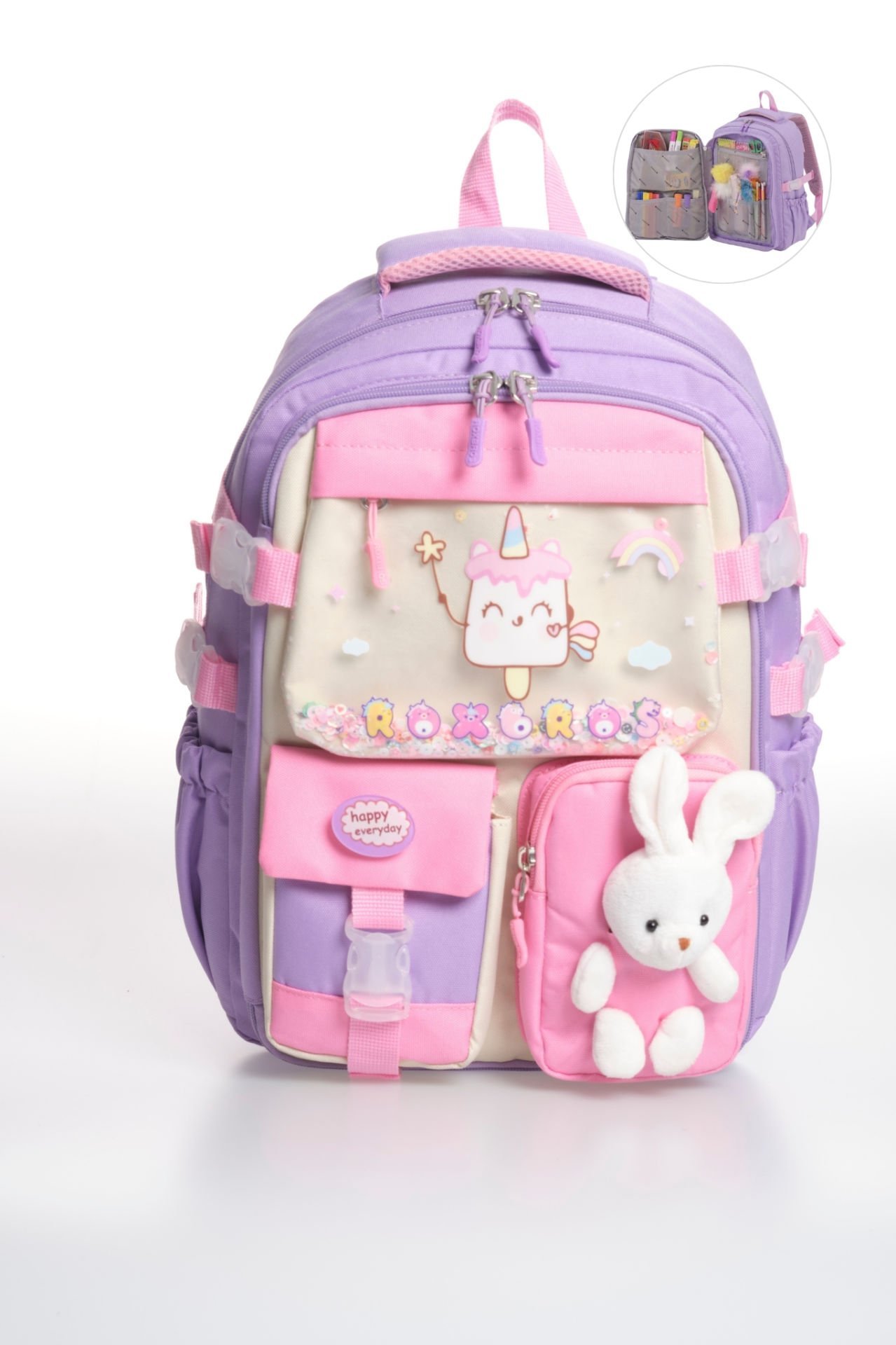 Roxbros Kore Kawaii Tarzı Dondurma Desenli Çok Bölmeli Ilkokul Sırt Çantası, Kız Çocuk Okul Çantası (LILA - PEMBE)