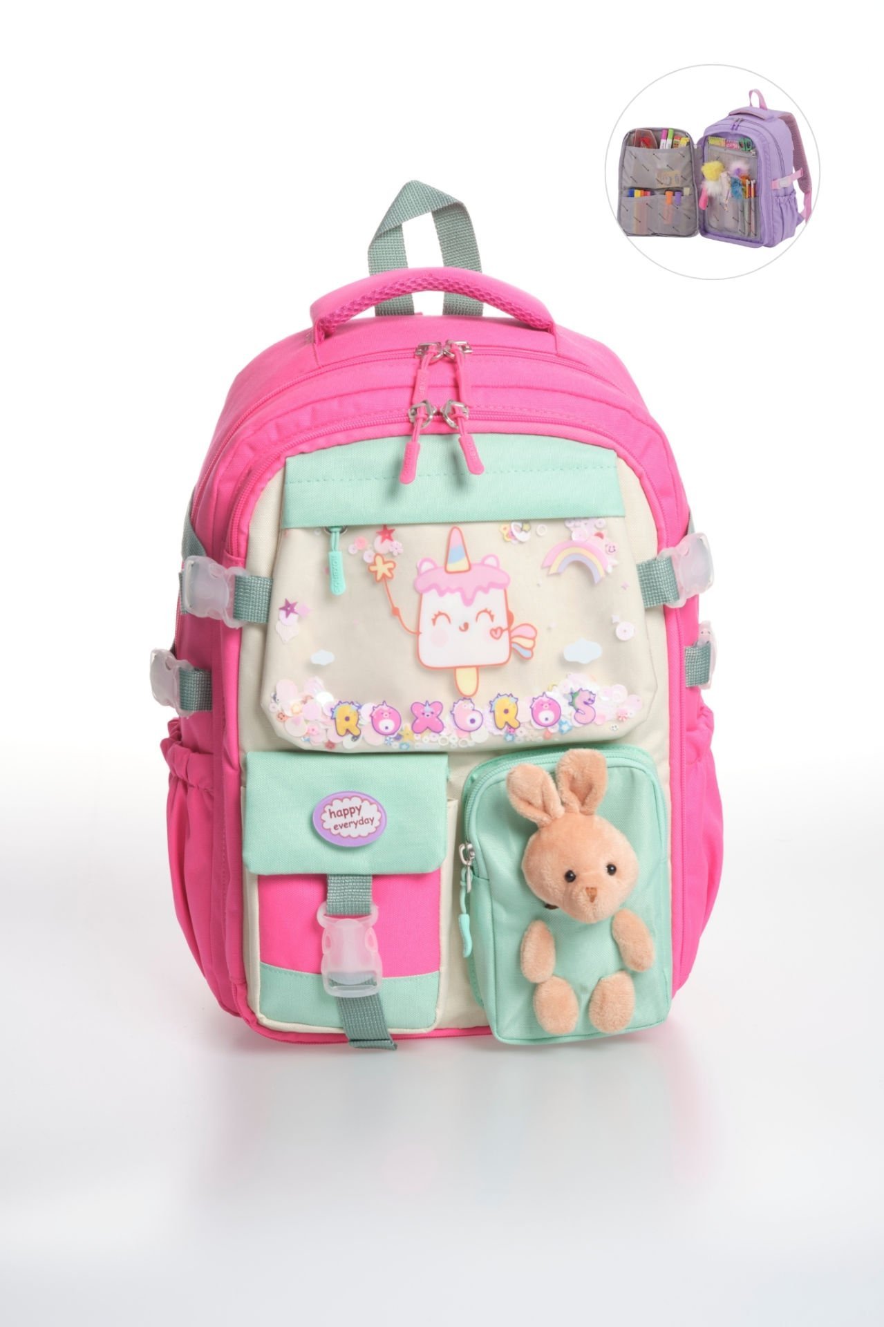 Roxbros Kore Kawaii Tarzı Dondurma Desenli Çok Bölmeli Ilkokul Sırt Çantası, Kız Çocuk Okul Çantası (FUSYA - SU YESILI)