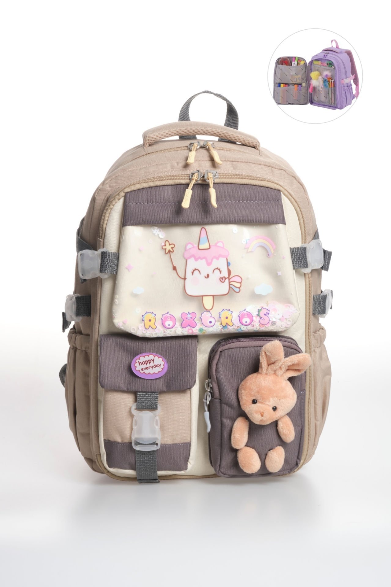 Roxbros Kore Kawaii Tarzı Dondurma Desenli Çok Bölmeli Ilkokul Sırt Çantası, Kız Çocuk Okul Çantası (KREM - KAHVERENGI)