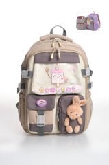 Roxbros Kore Kawaii Tarzı Dondurma Desenli Çok Bölmeli Ilkokul Sırt Çantası, Kız Çocuk Okul Çantası (KREM - KAHVERENGI)