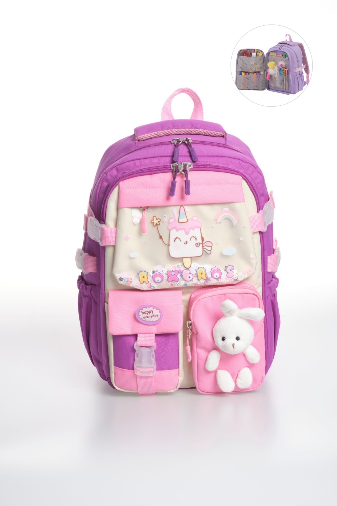 Roxbros Kore Kawaii Tarzı Dondurma Desenli Çok Bölmeli Ilkokul Sırt Çantası, Kız Çocuk Okul Çantası (MOR - PEMBE)