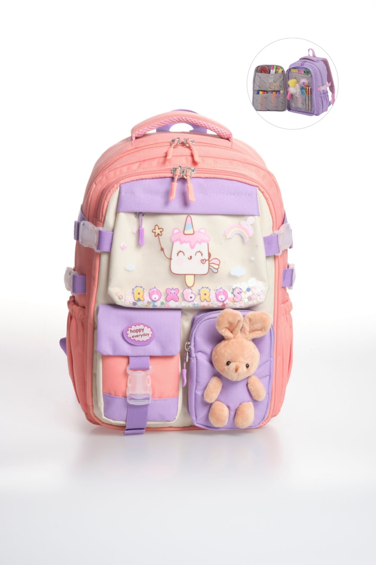 Roxbros Kore Kawaii Tarzı Dondurma Desenli Çok Bölmeli Ilkokul Sırt Çantası, Kız Çocuk Okul Çantası (PUDRA - LILA)