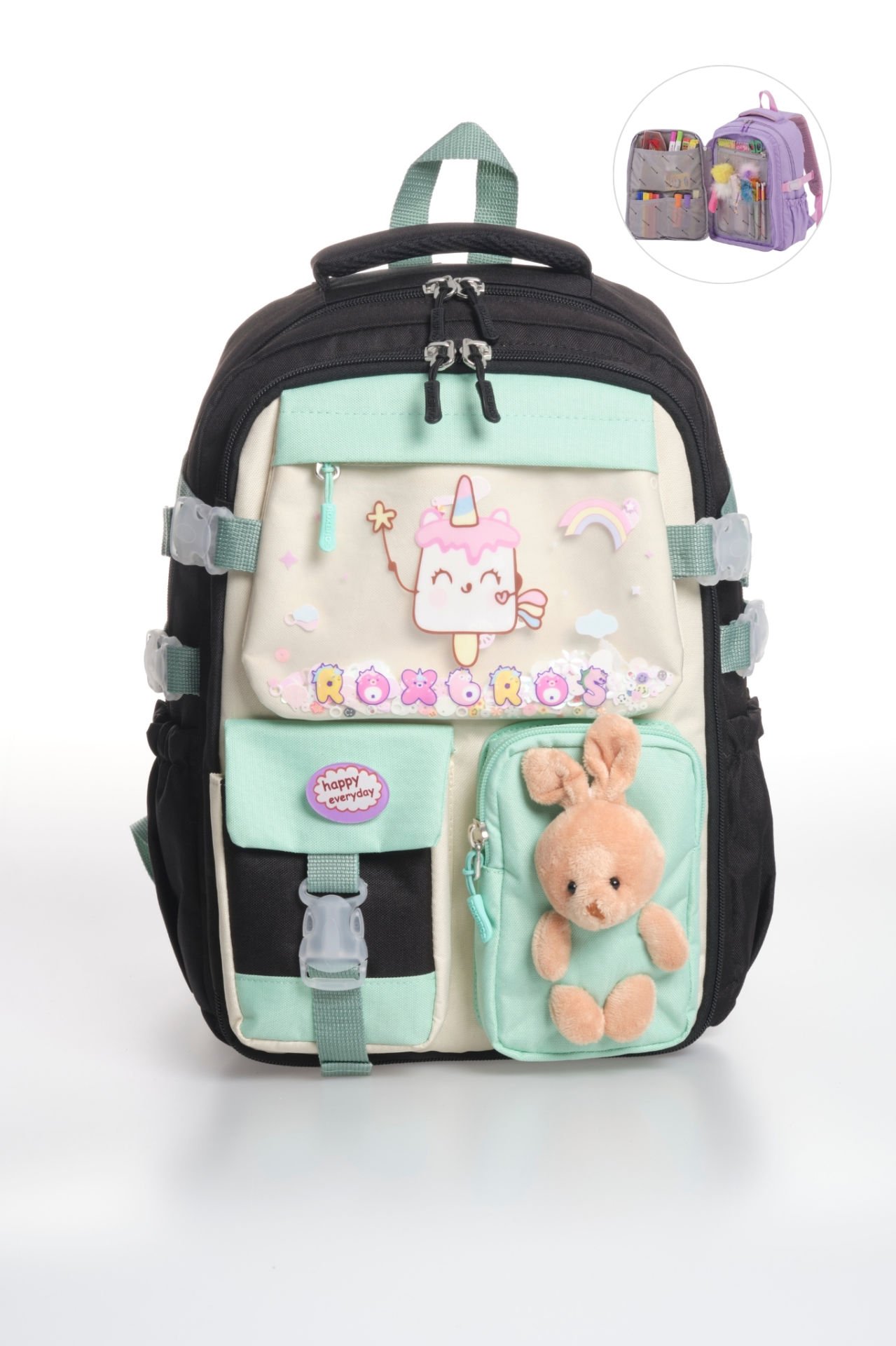Roxbros Kore Kawaii Tarzı Dondurma Desenli Çok Bölmeli Ilkokul Sırt Çantası, Kız Çocuk Okul Çantası (SIYAH - SU YESILI)