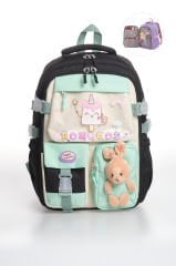 Roxbros Kore Kawaii Tarzı Dondurma Desenli Çok Bölmeli Ilkokul Sırt Çantası, Kız Çocuk Okul Çantası (SIYAH - SU YESILI)