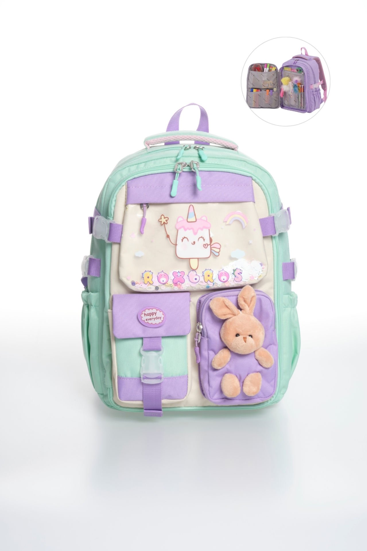 Roxbros Kore Kawaii Tarzı Dondurma Desenli Çok Bölmeli Ilkokul Sırt Çantası, Kız Çocuk Okul Çantası (SU YESILI - LILA)