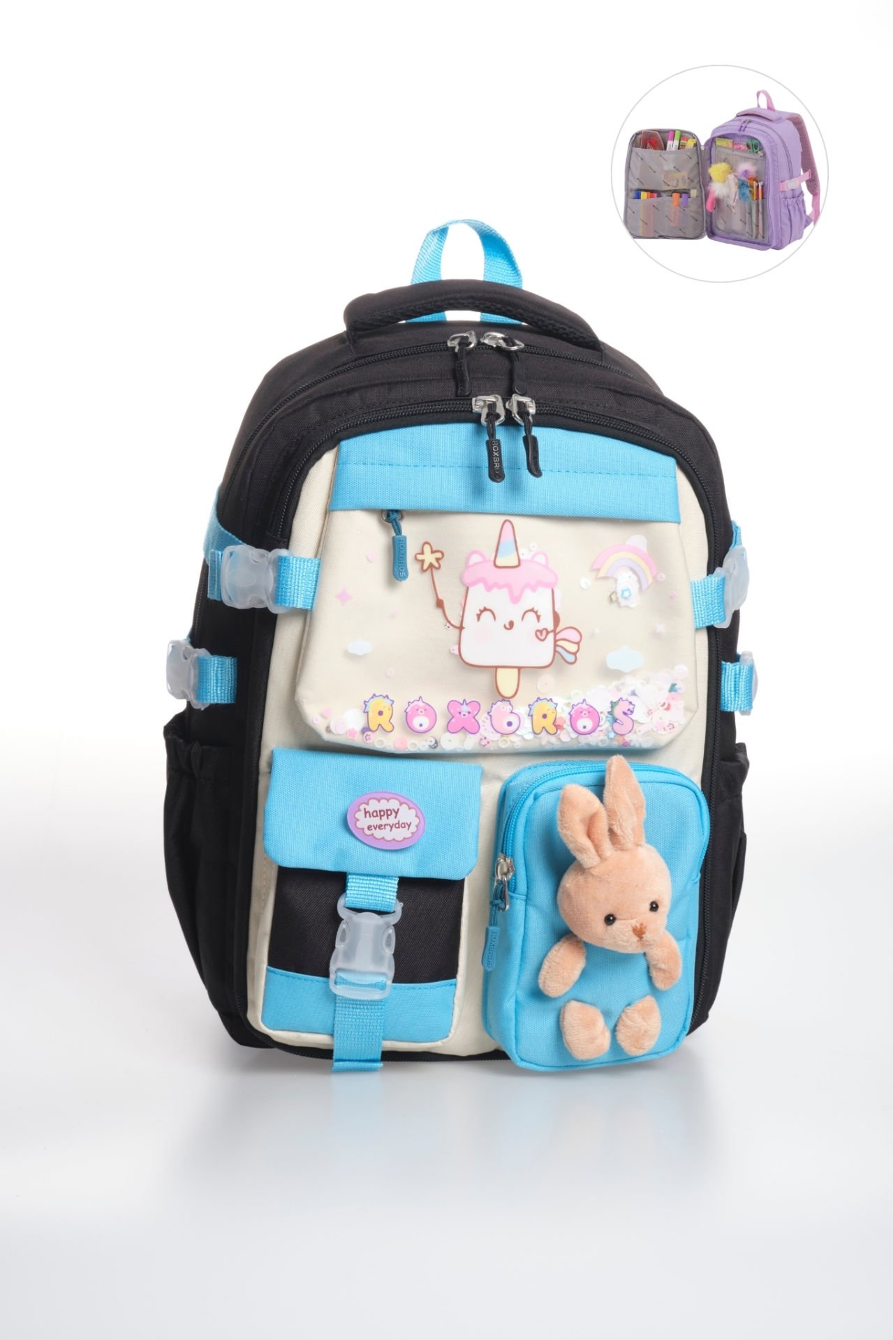 Roxbros Kore Kawaii Tarzı Dondurma Desenli Çok Bölmeli Ilkokul Sırt Çantası, Kız Çocuk Okul Çantası (SIYAH - TURKUAZ)