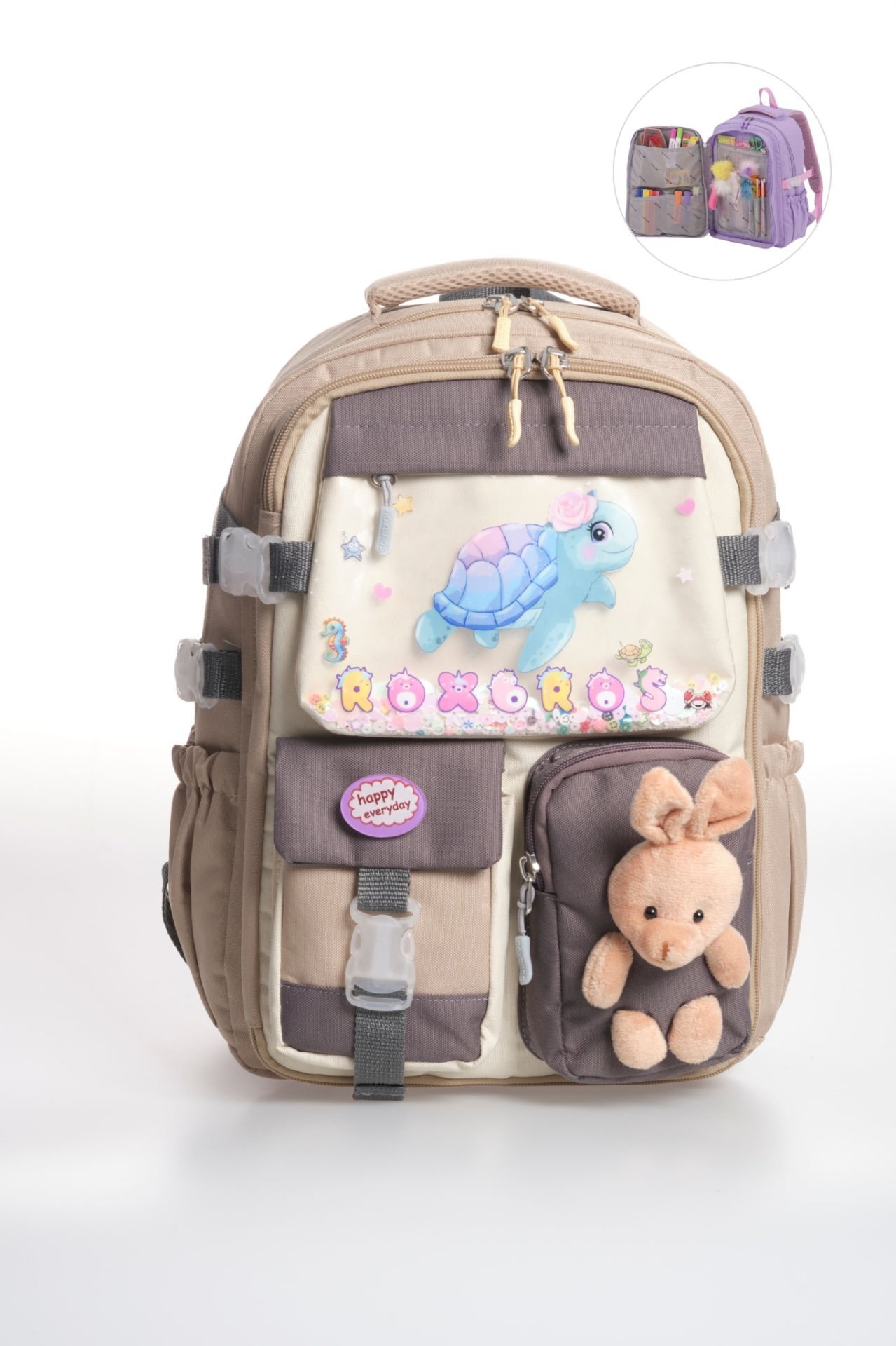 Roxbros Sevimli Kaplumbağa Desenli Çok Bölmeli Kız Çocuk Okul Çantası - Ergonomik Ilkokul Sırt Çantası (BEJ - KAHVERENGI)
