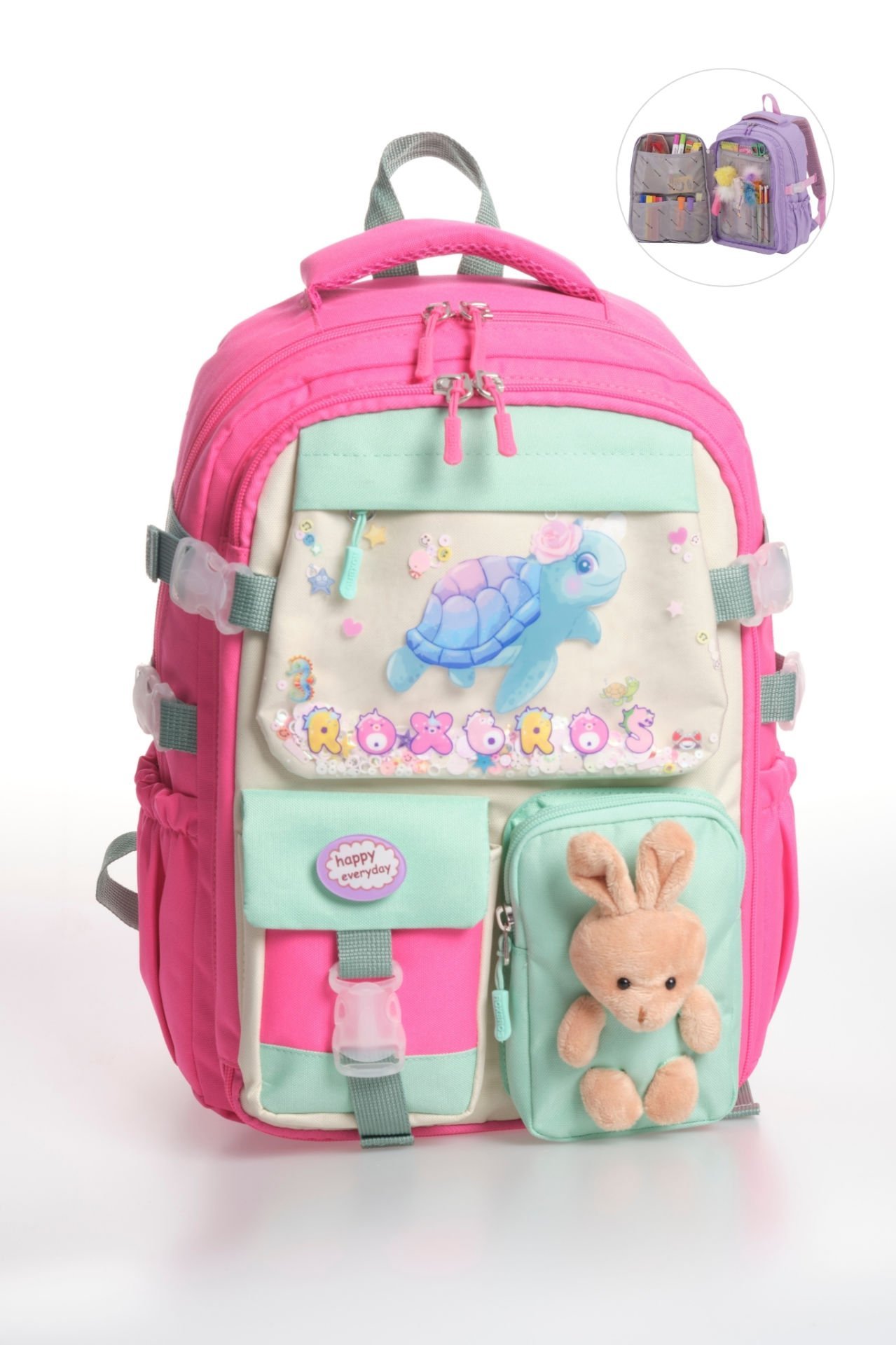 Roxbros Sevimli Kaplumbağa Desenli Çok Bölmeli Kız Çocuk Okul Çantası - Ergonomik Ilkokul Sırt Çantası (FUSYA - SU YESILI)