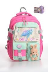 Roxbros Sevimli Kaplumbağa Desenli Çok Bölmeli Kız Çocuk Okul Çantası - Ergonomik Ilkokul Sırt Çantası (FUSYA - SU YESILI)