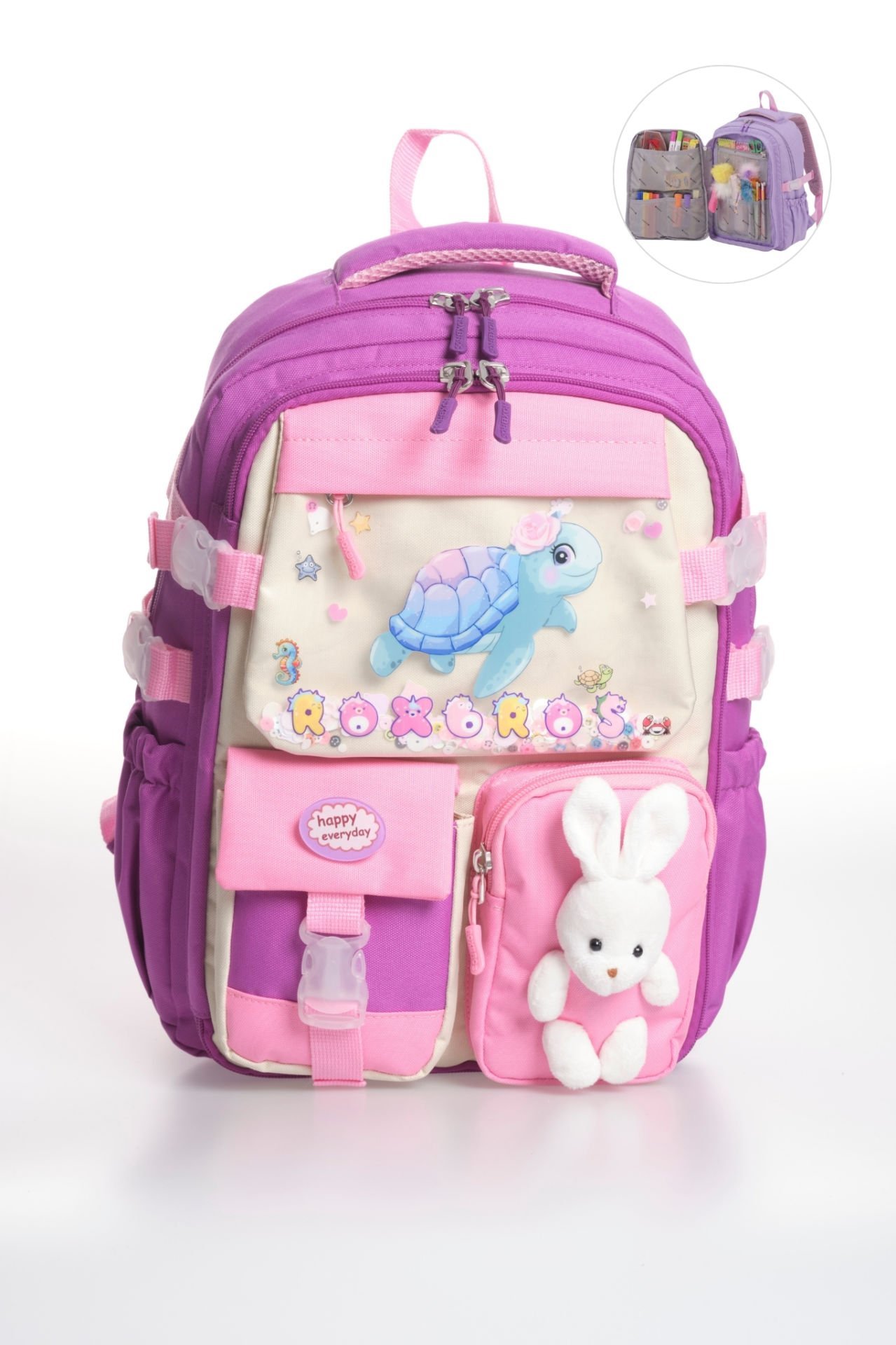 Roxbros Sevimli Kaplumbağa Desenli Çok Bölmeli Kız Çocuk Okul Çantası - Ergonomik Ilkokul Sırt Çantası (MOR - PEMBE)