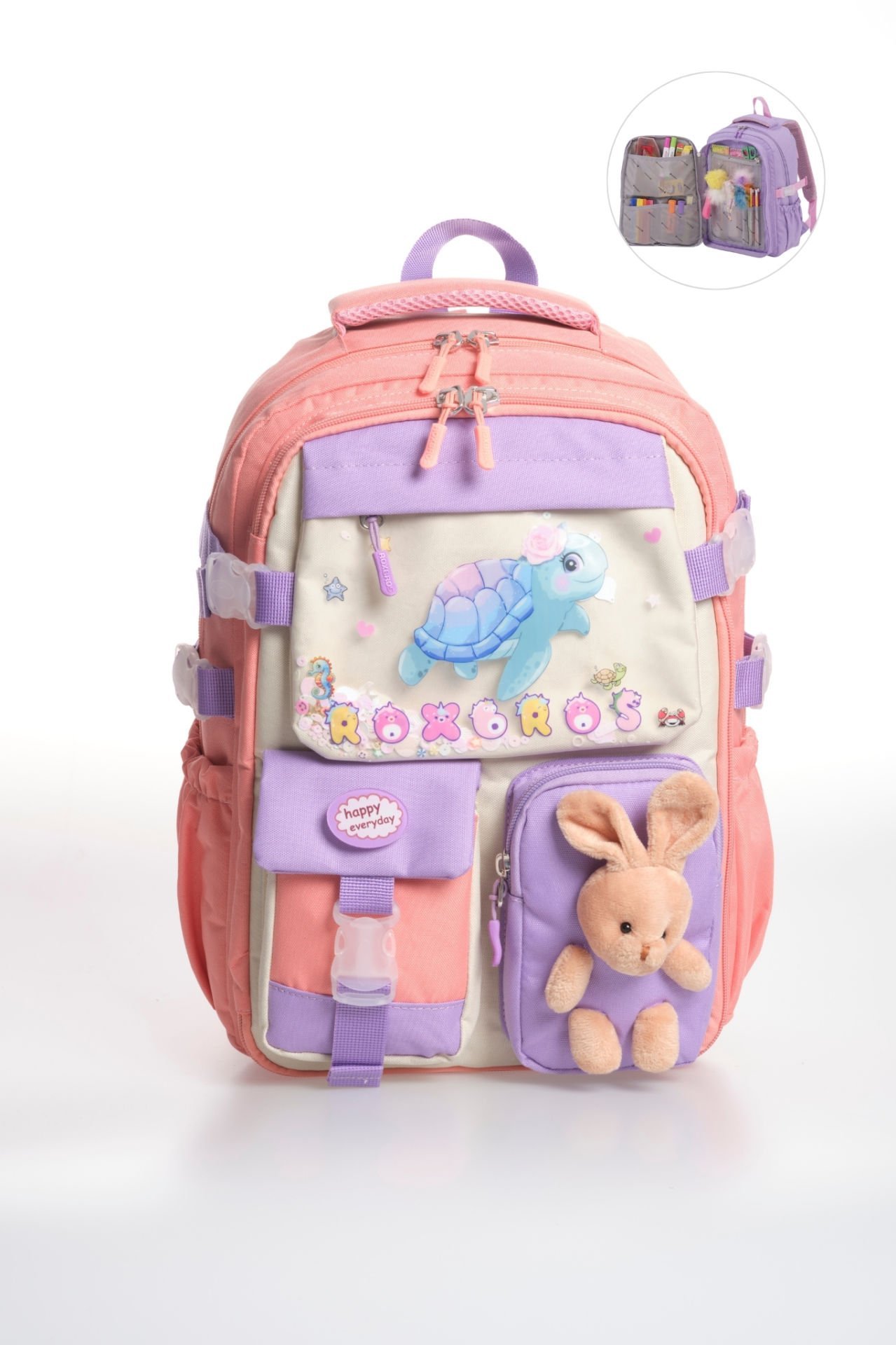 Roxbros Sevimli Kaplumbağa Desenli Çok Bölmeli Kız Çocuk Okul Çantası - Ergonomik Ilkokul Sırt Çantası (PUDRA - LILA)