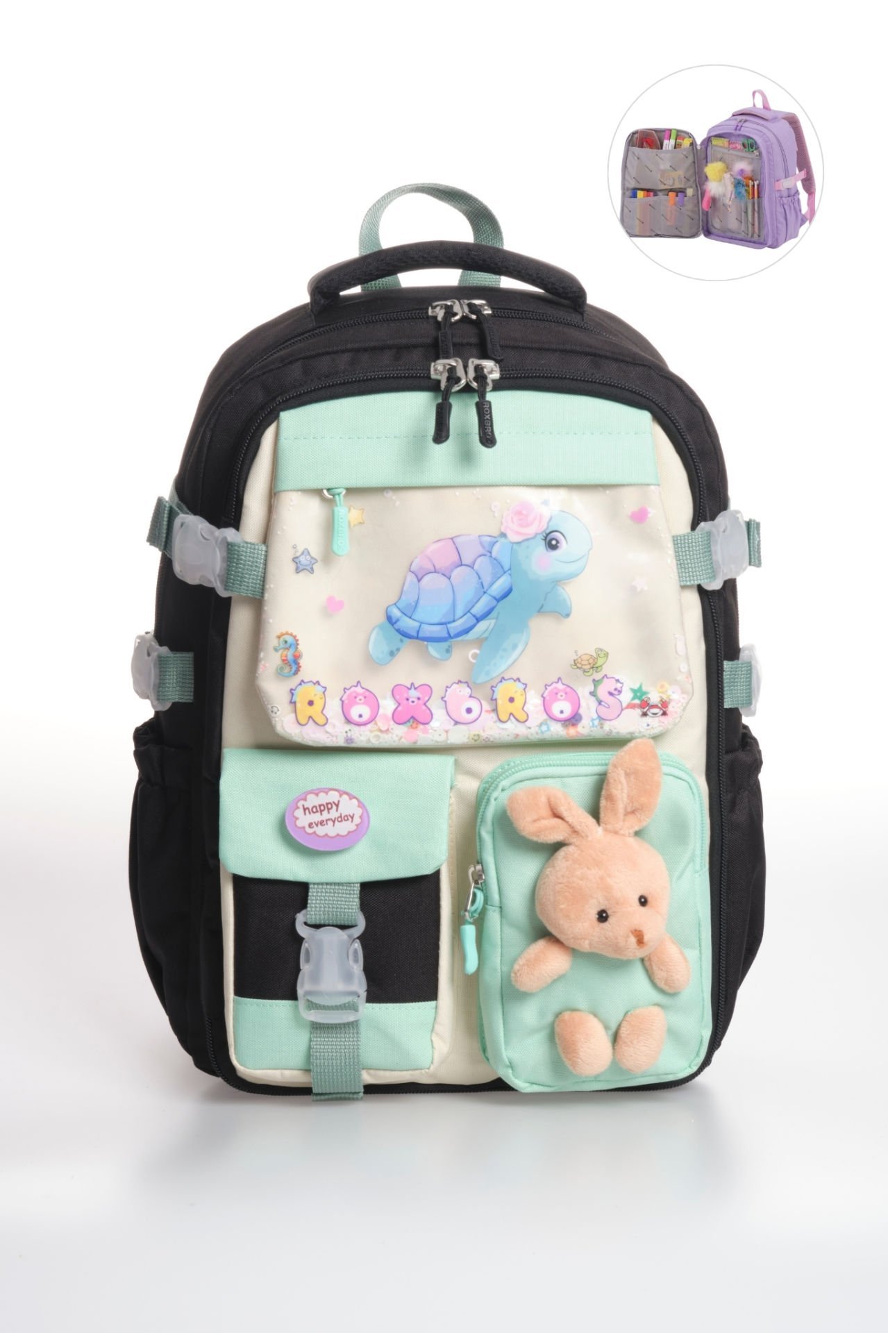 Roxbros Sevimli Kaplumbağa Desenli Çok Bölmeli Kız Çocuk Okul Çantası - Ergonomik Ilkokul Sırt Çantası (SIYAH - SU YESILI)