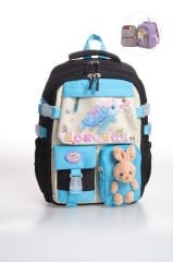 Roxbros Sevimli Kaplumbağa Desenli Çok Bölmeli Kız Çocuk Okul Çantası - Ergonomik Ilkokul Sırt Çantası (SIYAH - TURKUAZ)