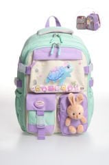 Roxbros Sevimli Kaplumbağa Desenli Çok Bölmeli Kız Çocuk Okul Çantası - Ergonomik Ilkokul Sırt Çantası (SU YESILI - LILA)