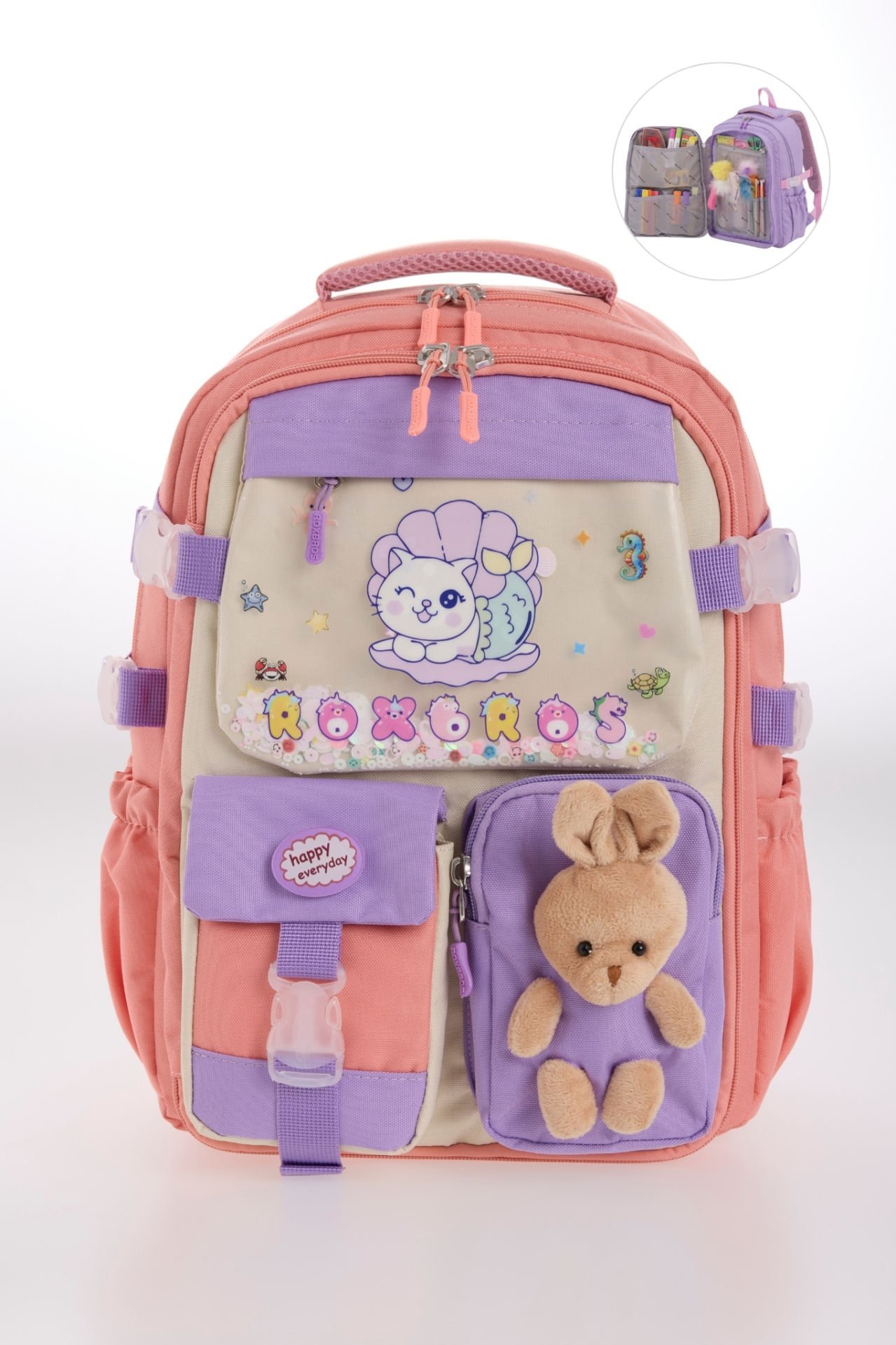 Roxbros Kore Tarzı Kedi Desenli Çok Bölmeli Ilkokul Sırt Çantası, Kız Çocuk Okul Çantası (PUDRA -LILA)