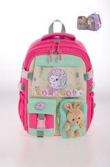 Roxbros Kore Tarzı Kedi Desenli Çok Bölmeli Ilkokul Sırt Çantası, Kız Çocuk Okul Çantası (FUSYA - SU YESILI)