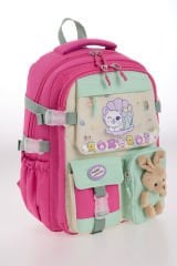 Roxbros Kore Tarzı Kedi Desenli Çok Bölmeli Ilkokul Sırt Çantası, Kız Çocuk Okul Çantası (FUSYA - SU YESILI)