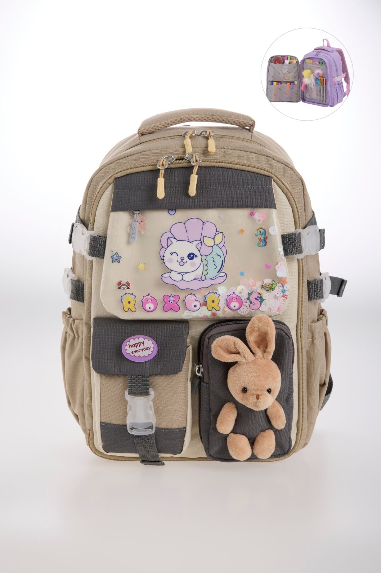 Roxbros Kore Tarzı Kedi Desenli Çok Bölmeli Ilkokul Sırt Çantası, Kız Çocuk Okul Çantası (BEJ - KAHVERENGI)