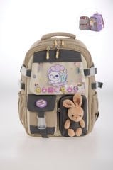 Roxbros Kore Tarzı Kedi Desenli Çok Bölmeli Ilkokul Sırt Çantası, Kız Çocuk Okul Çantası (BEJ - KAHVERENGI)