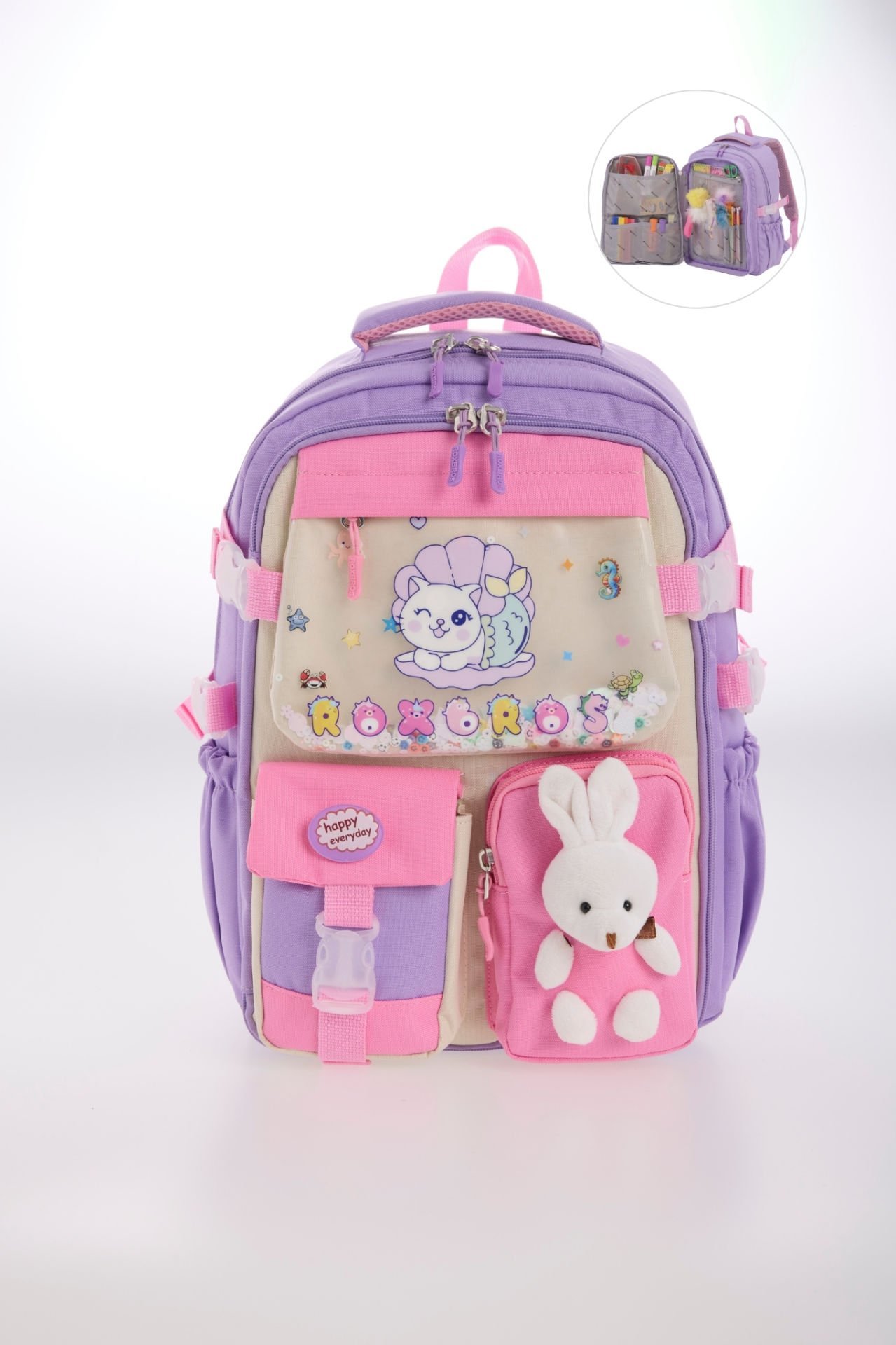 Roxbros Kore Tarzı Kedi Desenli Çok Bölmeli Ilkokul Sırt Çantası, Kız Çocuk Okul Çantası (LILA - PEMBE)