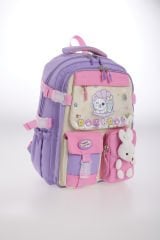 Roxbros Kore Tarzı Kedi Desenli Çok Bölmeli Ilkokul Sırt Çantası, Kız Çocuk Okul Çantası (LILA - PEMBE)