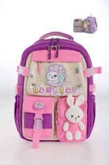 Roxbros Kore Tarzı Kedi Desenli Çok Bölmeli Ilkokul Sırt Çantası, Kız Çocuk Okul Çantası (MOR - PEMBE)