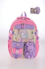 Roxbros Kore Tarzı Kedi Desenli Çok Bölmeli Ilkokul Sırt Çantası, Kız Çocuk Okul Çantası (PEMBE - LILA)