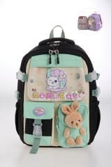 Roxbros Kore Tarzı Kedi Desenli Çok Bölmeli Ilkokul Sırt Çantası, Kız Çocuk Okul Çantası (SIYAH - SU YESILI)