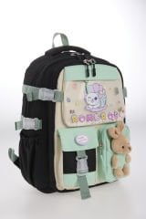 Roxbros Kore Tarzı Kedi Desenli Çok Bölmeli Ilkokul Sırt Çantası, Kız Çocuk Okul Çantası (SIYAH - SU YESILI)