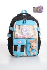 Roxbros Kore Tarzı Kedi Desenli Çok Bölmeli Ilkokul Sırt Çantası, Kız Çocuk Okul Çantası (SIYAH - TURKUAZ)