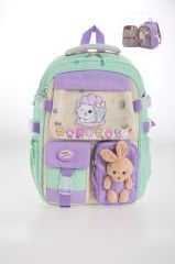 Roxbros Kore Tarzı Kedi Desenli Çok Bölmeli Ilkokul Sırt Çantası, Kız Çocuk Okul Çantası (SU YESILI - LILA)