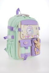 Roxbros Kore Tarzı Kedi Desenli Çok Bölmeli Ilkokul Sırt Çantası, Kız Çocuk Okul Çantası (SU YESILI - LILA)