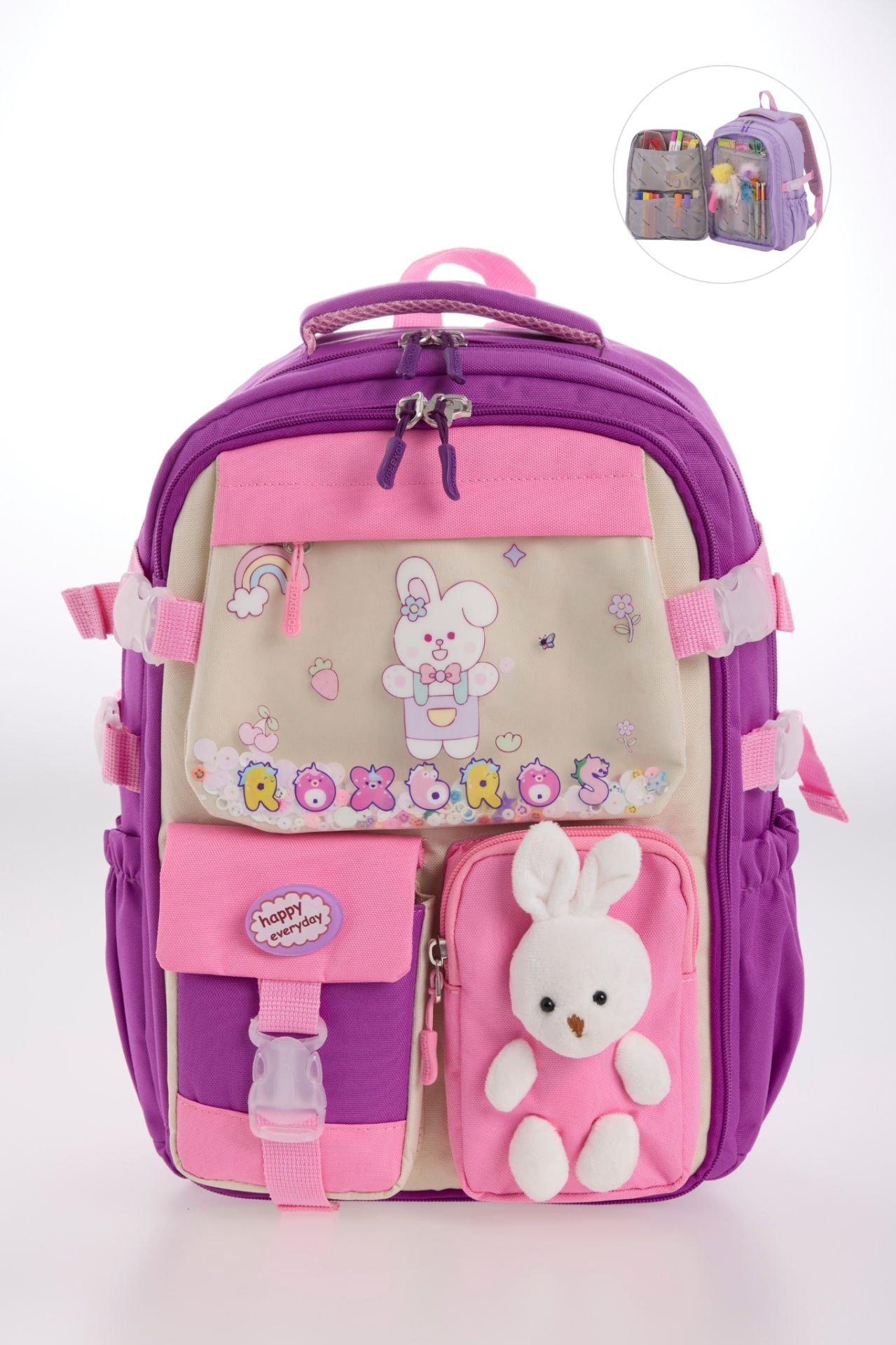 Roxbros Kore Tarzı Tavşan Çocuk Figürlü 180° Tam Açılır Ilkokul Sırt Çantası Kız Çocuk Okul Çantası (MOR - PEMBE)