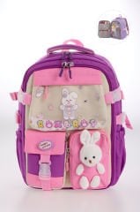 Roxbros Kore Tarzı Tavşan Çocuk Figürlü 180° Tam Açılır Ilkokul Sırt Çantası Kız Çocuk Okul Çantası (MOR - PEMBE)