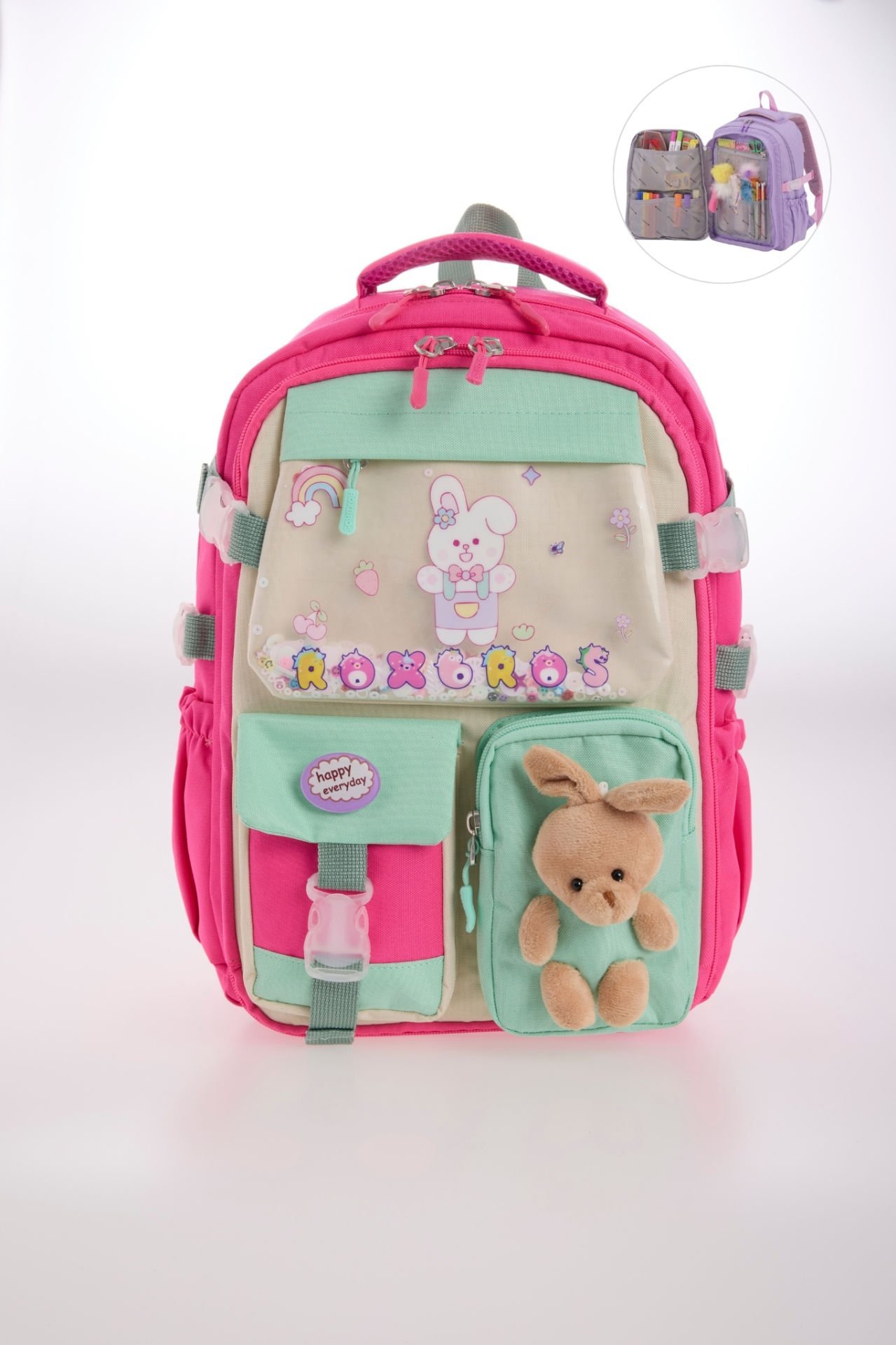 Roxbros Kore Tarzı Tavşan Çocuk Figürlü 180° Tam Açılır Ilkokul Sırt Çantası Kız Çocuk Okul Çantası (FUSYA - SU YESILI)