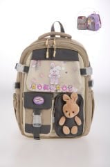 Roxbros Kore Tarzı Tavşan Çocuk Figürlü 180° Tam Açılır Ilkokul Sırt Çantası Kız Çocuk Okul Çantası (BEJ - KAHVERENGI)