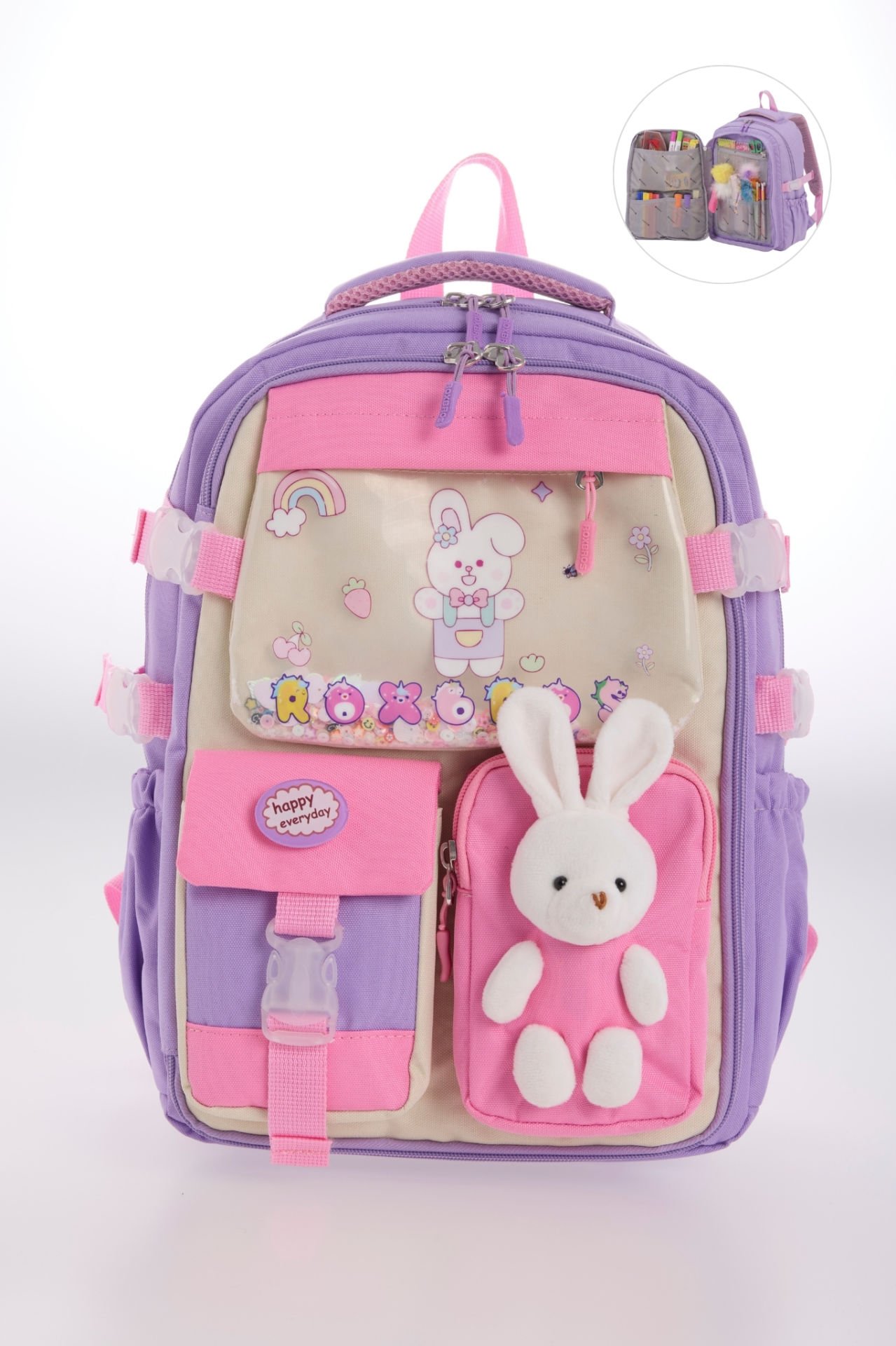 Roxbros Kore Tarzı Tavşan Çocuk Figürlü 180° Tam Açılır Ilkokul Sırt Çantası Kız Çocuk Okul Çantası (LILA - PEMBE)