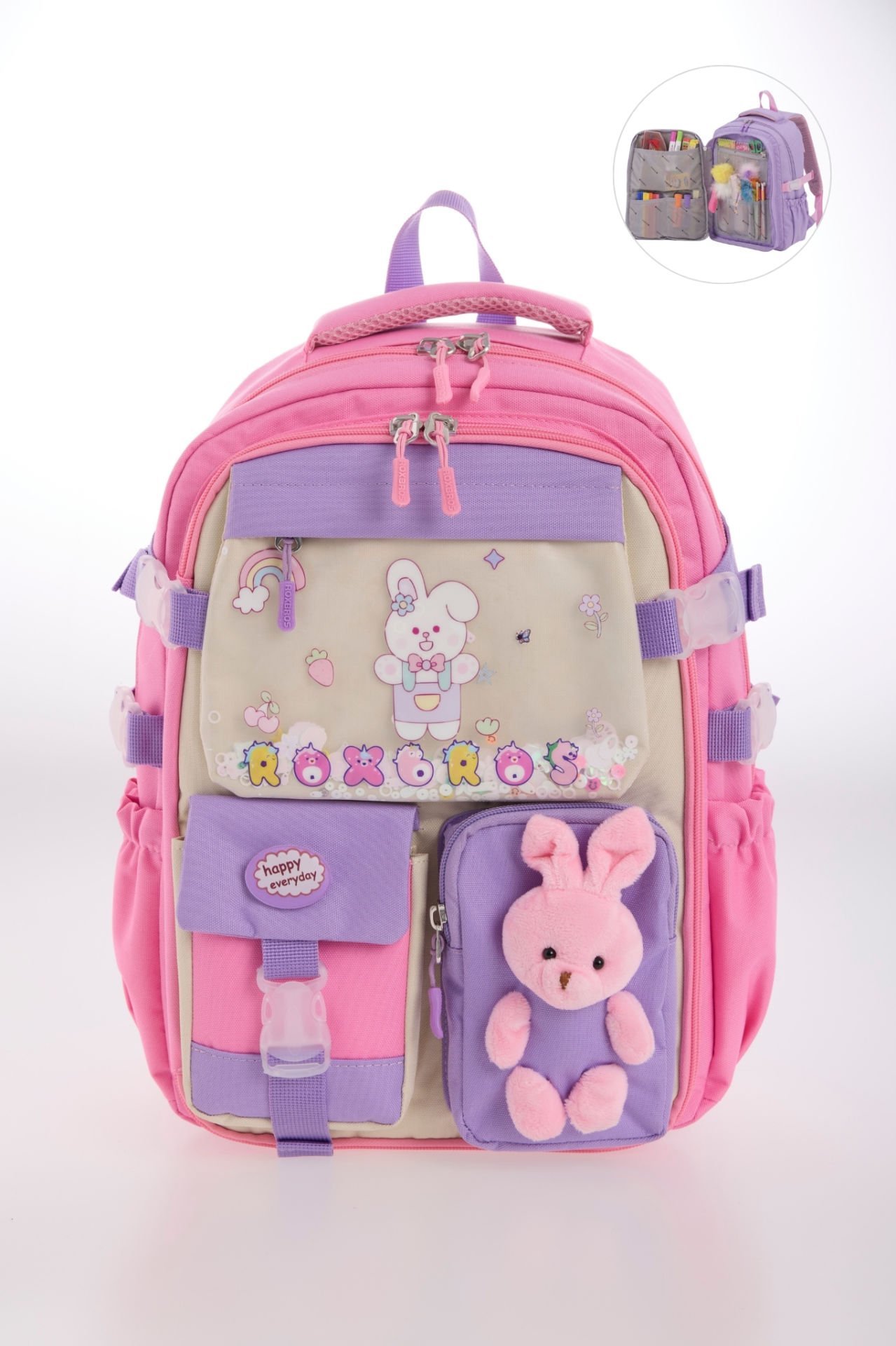 Roxbros Kore Tarzı Tavşan Çocuk Figürlü 180° Tam Açılır Ilkokul Sırt Çantası Kız Çocuk Okul Çantası (PEMBE - LILA)
