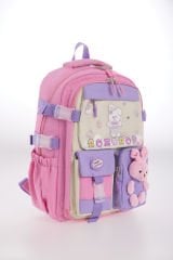 Roxbros Kore Tarzı Tavşan Çocuk Figürlü 180° Tam Açılır Ilkokul Sırt Çantası Kız Çocuk Okul Çantası (PEMBE - LILA)