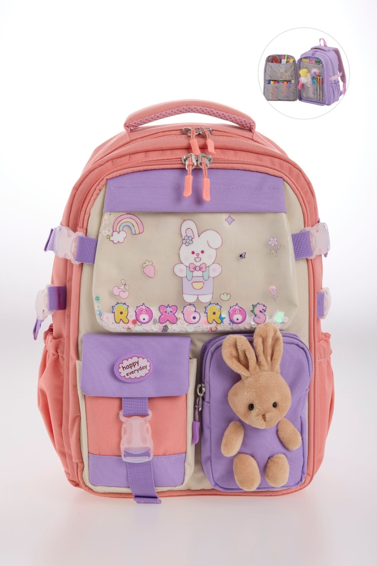 Roxbros Kore Tarzı Tavşan Çocuk Figürlü 180° Tam Açılır Ilkokul Sırt Çantası Kız Çocuk Okul Çantası (PUDRA - LILA)