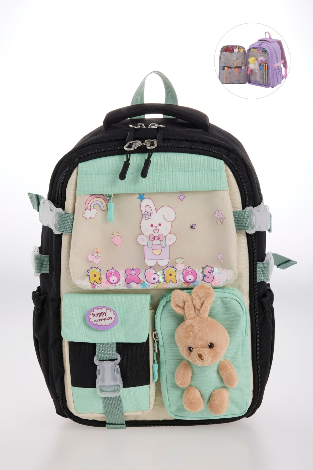 Roxbros Kore Tarzı Tavşan Çocuk Figürlü 180° Tam Açılır Ilkokul Sırt Çantası Kız Çocuk Okul Çantası (SIYAH - SU YESILI)