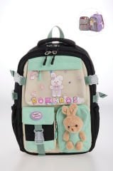 Roxbros Kore Tarzı Tavşan Çocuk Figürlü 180° Tam Açılır Ilkokul Sırt Çantası Kız Çocuk Okul Çantası (SIYAH - SU YESILI)